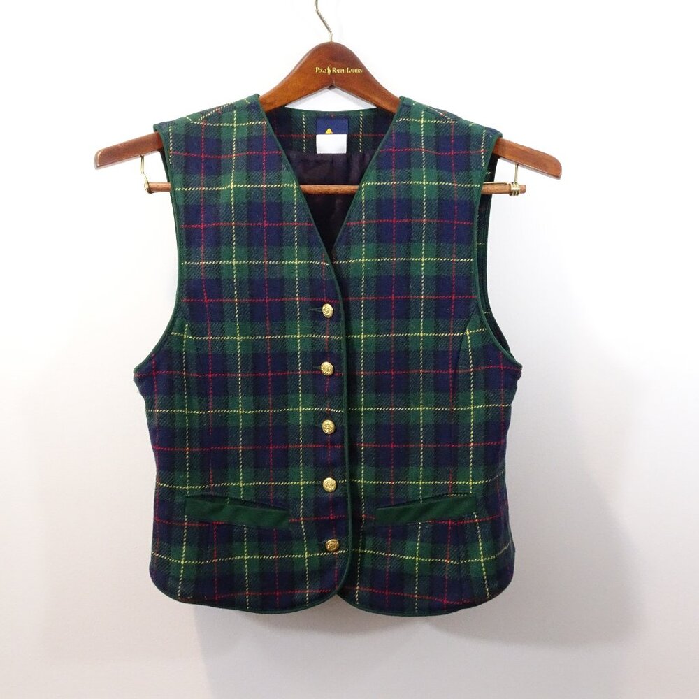 Vintage Lizsport Size 4 Vest Green Plaid Wool Blend Gold Buttons Holiday